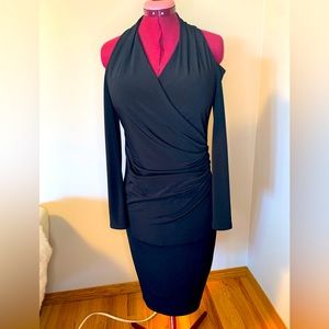 Flattering LBD from DKNY label, shoulder cutouts, long sleeve, below knee, lined